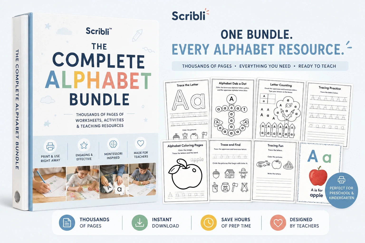 Scribli Alphabet Bundle with letter tracing, coloring, dab-a-dot, counting and recognition activities